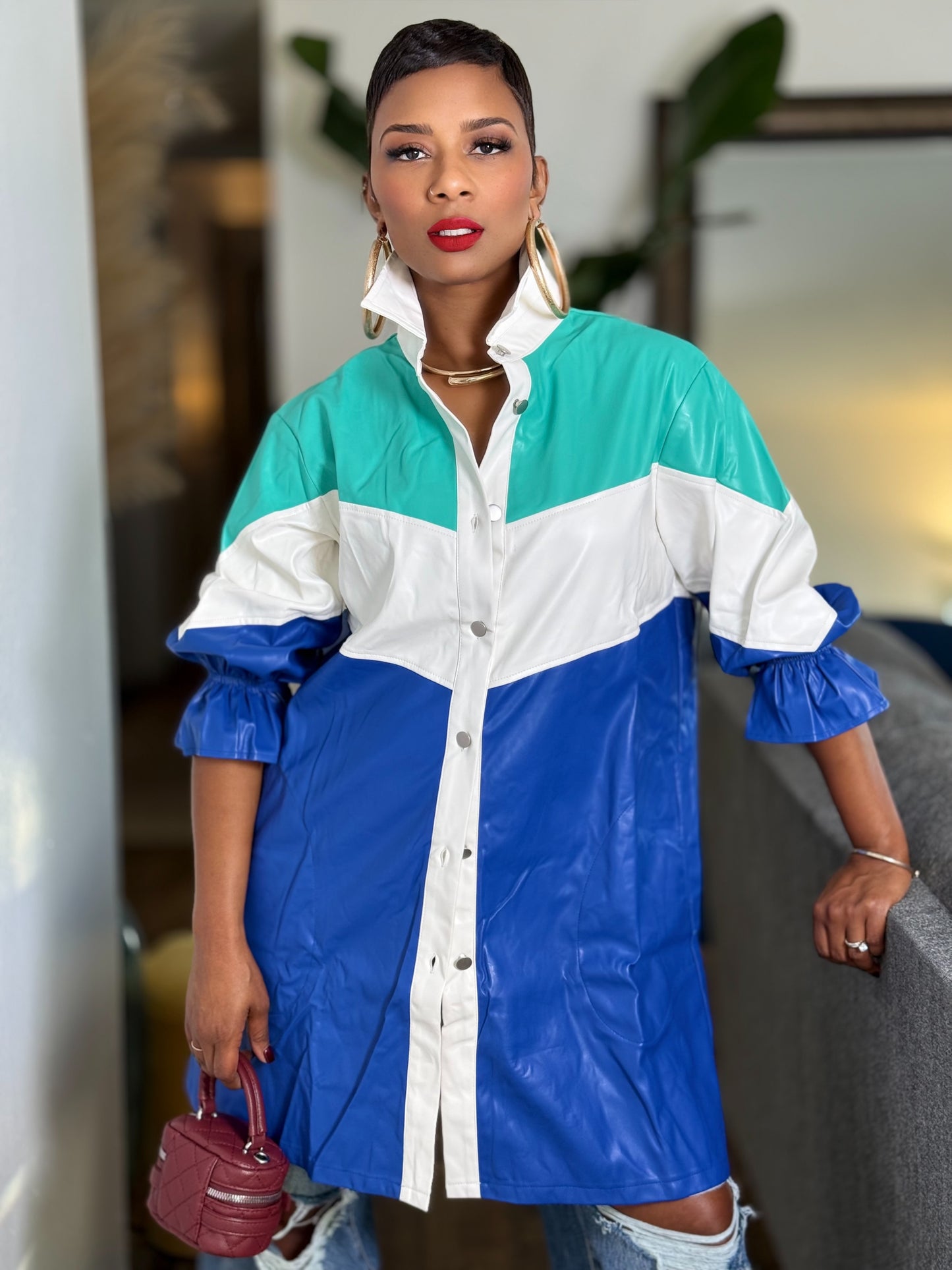 “Blocked” Faux Leather Dress