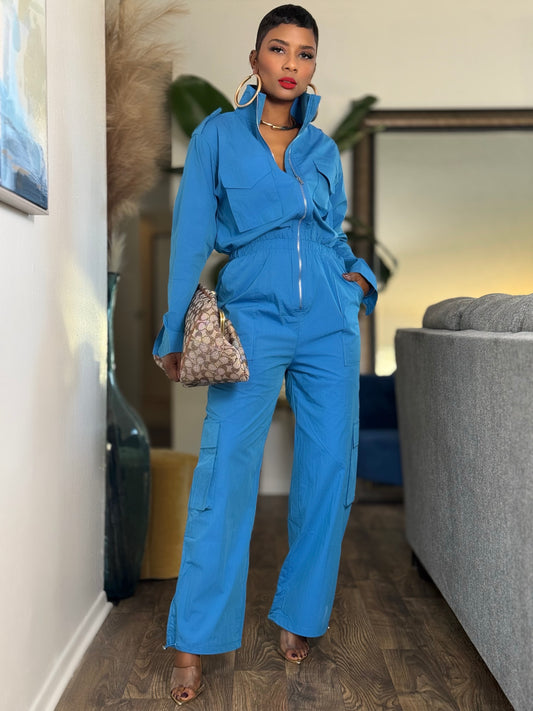 “Electric Blue” Cargo Jumpsuit