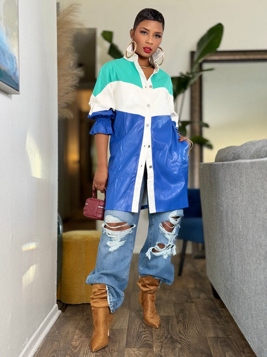 “Blocked” Faux Leather Dress